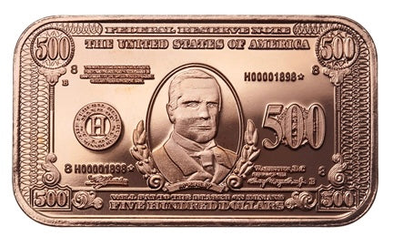 LOT OF 100 X 1 oz copper bar $500 banknote William McKinley / $500 loc BL4C