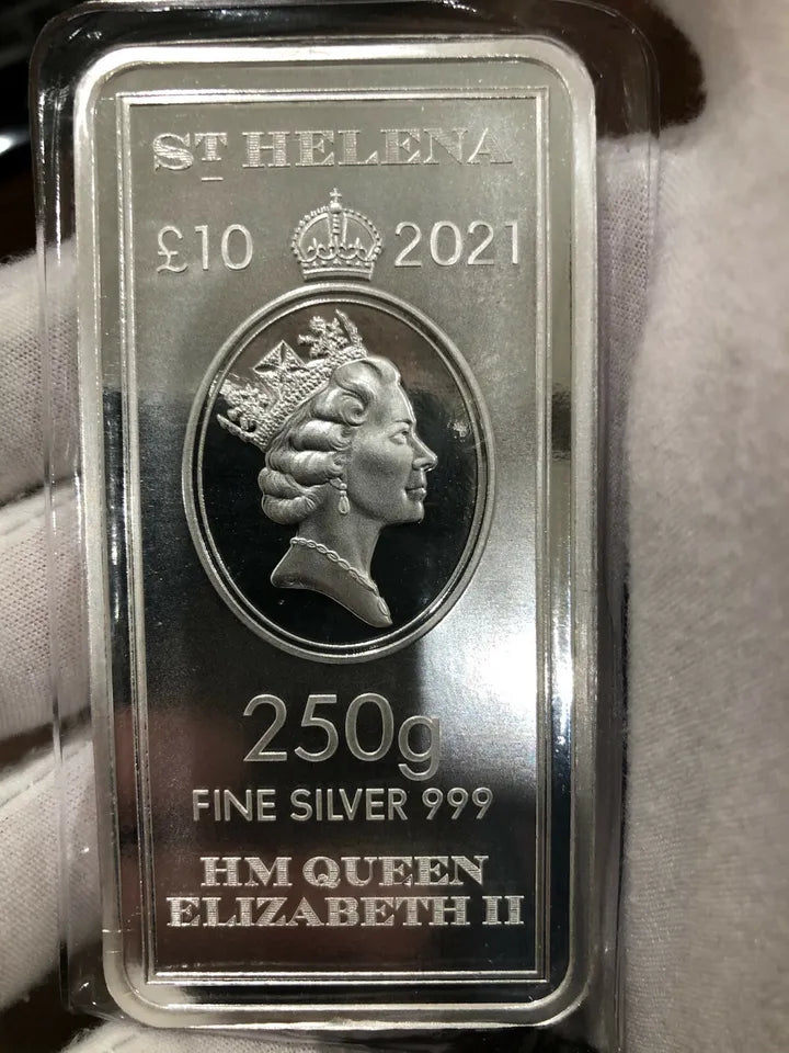 250 Grams Silver £10 ST ELENA East India Company Rectangular Sealed Bar