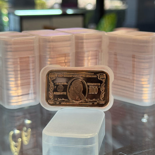 LOT OF 100 X 1 oz copper bar franklin $100 banknote franklin/ liberty hall  HUNDRED LOC RSC1