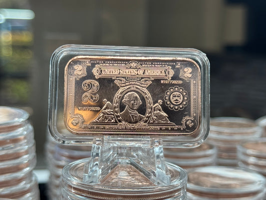 1 oz copper bar $2 bank note/ $2 usa silver cert