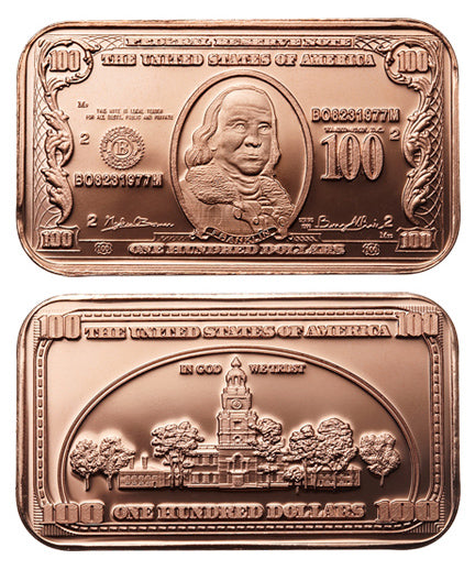1 oz copper bar $100 banknote franklin/ liberty hall