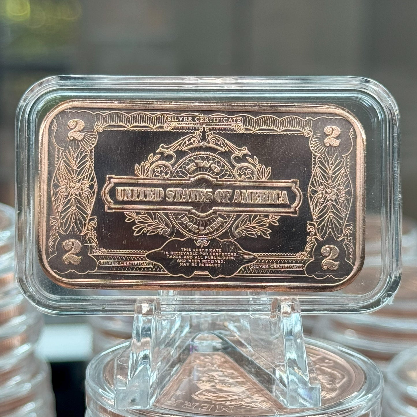 1 oz copper bar $2 bank note/ $2 usa silver cert