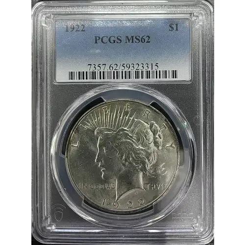 1922 - 0.858oz Silver Peace Dollar - USA S$1 - PCGS MS62 (D11-B24)