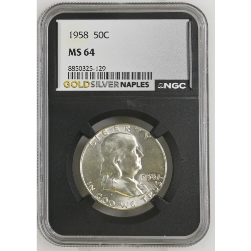 1958 - 0.3617oz Silver Franklin Half Dollar - NGC MS64 (S13B-B12)