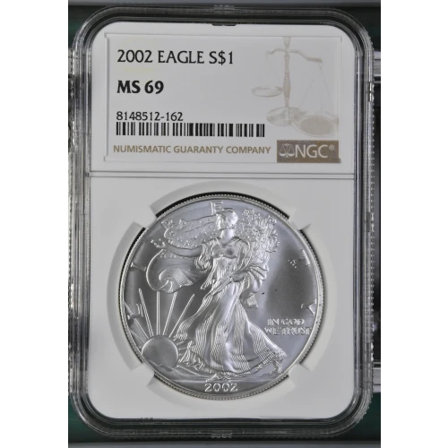 2002 - 1oz Silver Eagle S$1 NGC MS69 (D11-B4)