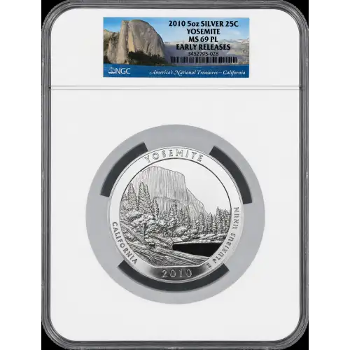 2010 5oz SILVER 25C YOSEMITE MS69 PL EARLY RELEASES (D-7)