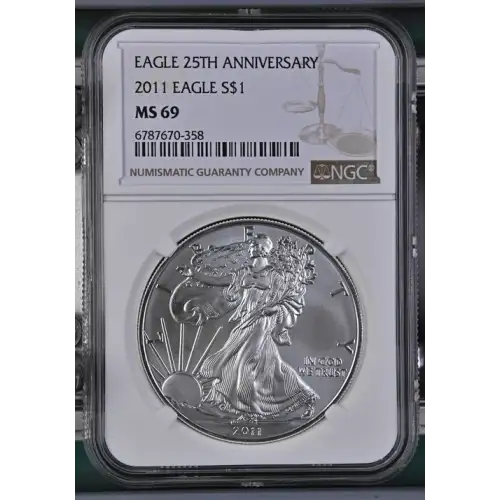 2011 - 1oz Silver Eagle 25th Anniversary S$1 NGC MS69 (D10-B9)