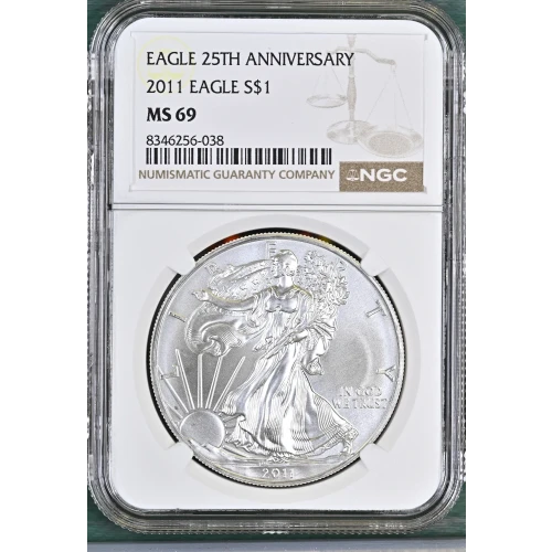 2011 - 1oz Silver Eagle 25th Anniversary S$1 - NGC MS69 (D11-B6)