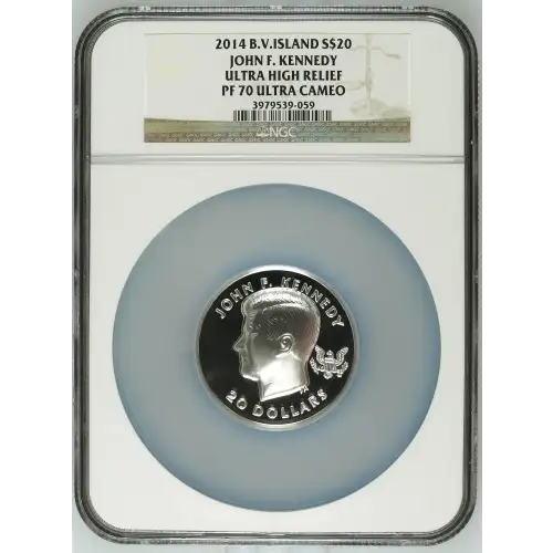 2014 4oz B.V. Island S$20 John F. Kennedy Ultra High Relief PF70 UC (D-7)