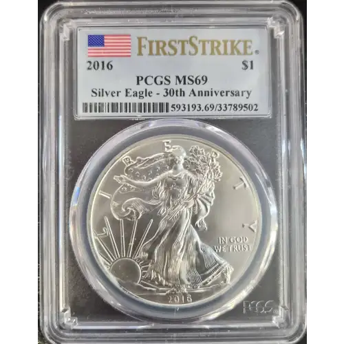 2016 - 1oz Silver Eagle S$1 PCGS MS69 30th Anniversary(D11-B21) (2)