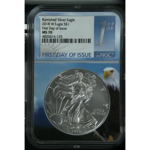 2018 - 1oz Burnished Silver Eagle - FDOI S$1 NGC MS70 (D10-B26)