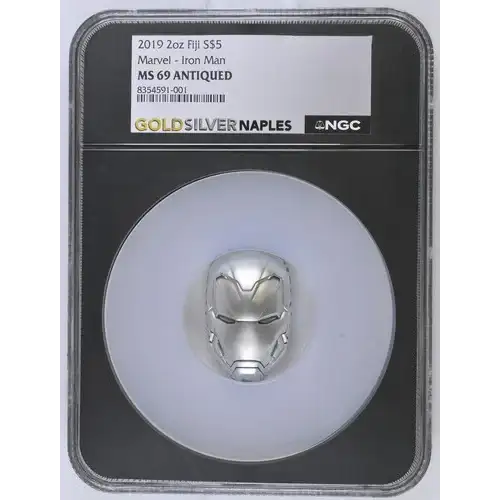 2019 2oz Fiji S$5 Marvel - Iron Man MS69 ANTIQUED (D-3)