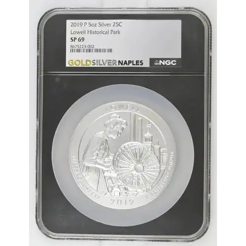 2019 P 5oz Silver 25C Lowell Historical Park SP69 (OB-168)