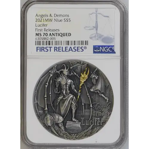 2021MW - 2oz Lucifer Silver Coin - Niue S$5 - NGC MS70 ANTIQUED/FR (S12B-B12)