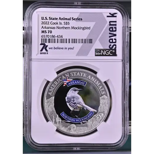 2022 - 1oz Arkansas Mockingbird Silver Coin - Cook Is. S$5 - NGC MS70 (S18A-B18)