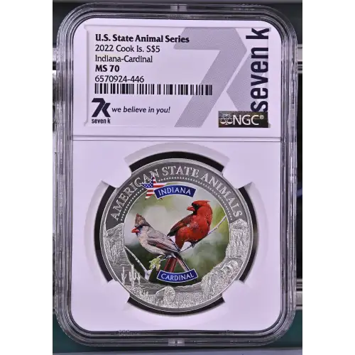 2022 - 1oz Indiana Cardinal Silver Coin - Cook Is. S$5 - NGC MS70 (S18A-B18)