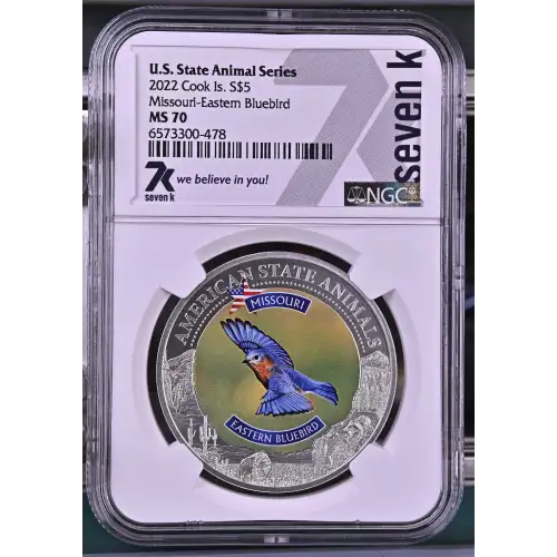 2022 - 1oz Missouri Bluebird Silver Coin - Cook Is. S$5 - NGC MS70 (S18A-B18)