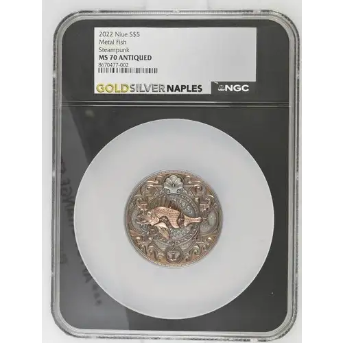 2022 2oz Niue S$5 Metal Fish Steampunk MS70 ANTIQUED (D-3)