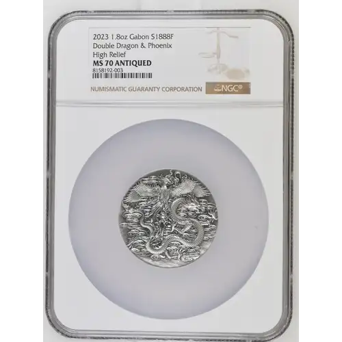 2023 1.8oz Gabon S1888F Double Dragon and Phoenix High Relief MS70 Antiqued (OB-144)
