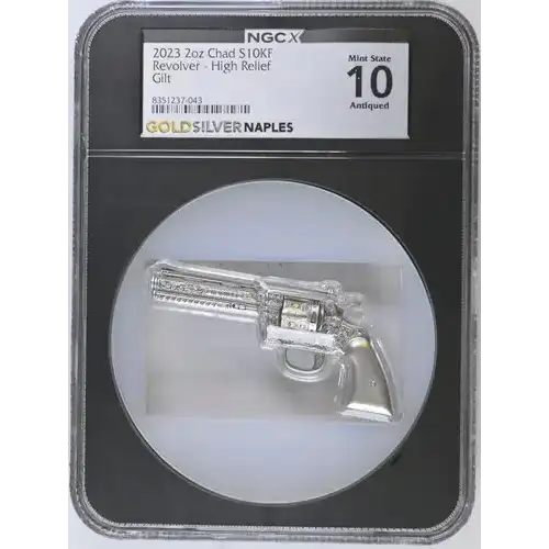 2023 2oz Chad Revolver - High Relief Gilt S10KF Mint State 10 Antiqued