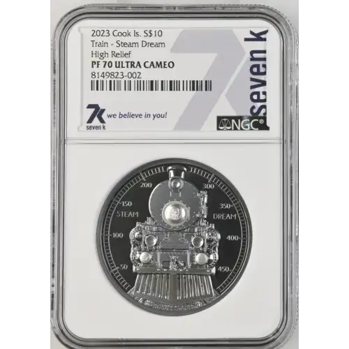 2023 2oz Cook Islands S$10 Train Steam Dream High Relief NGC PF70 UC (S19A-B30)