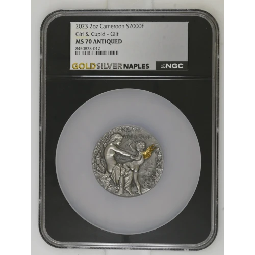 2023 - 2oz Girl & Cupid Silver Gilt - Cameroon S2000F - NGC MS70 ANTIQUED (D-7)