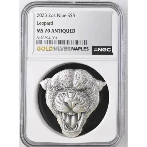 2023 2oz Niue - S$5 Leopard - MS70 ANTIQUED (S12B-B2)