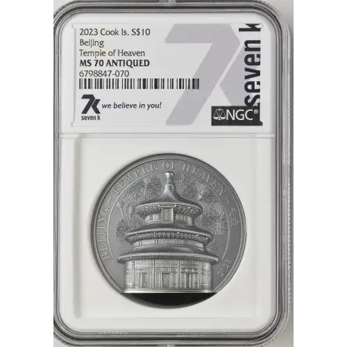 2023 - 2oz Temple of Heaven - Cook Islands S$10 - NGC MS70 ANTIQUED (D11-B9)