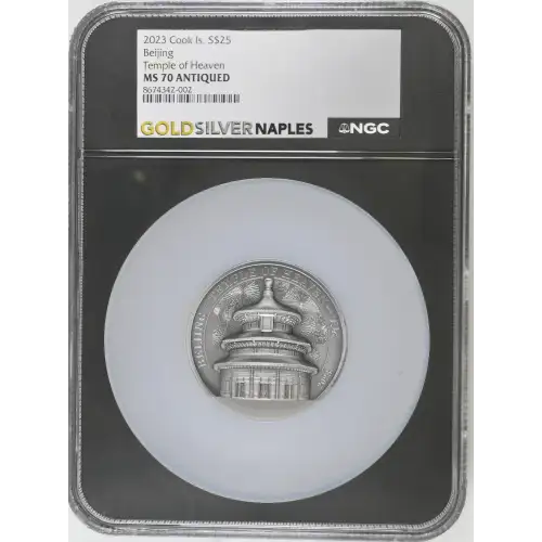 2023 5oz Cook Is. S$25 Beijing Temple of Heaven MS70 ANTIQUED (D-7)