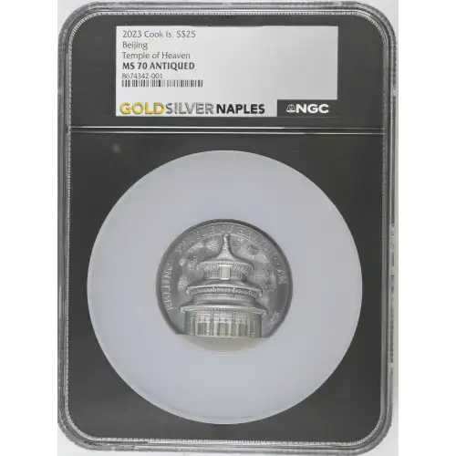 2023 5oz Cook Is. S$25 Beijing Temple of Heaven MS70 ANTIQUED (D-7)