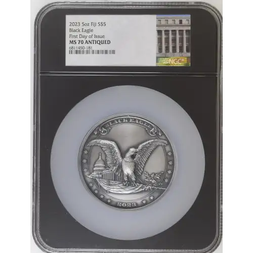 2023 5oz Fiji S$5 Black Eagle First Day of Issue MS70 ANTIQUED (D-7)