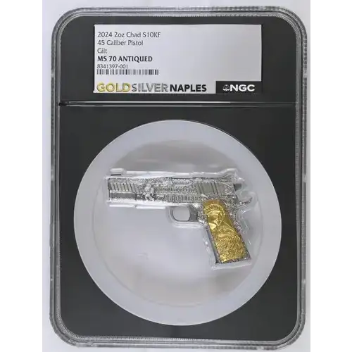 2024 2oz Chad 45 Caliber Pistol Gilt S10KF MS 70 ANTIQUED