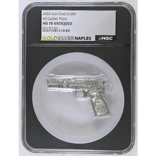 2024 2oz Chad 45 Caliber Pistol S10KF MS 70 ANTIQUED