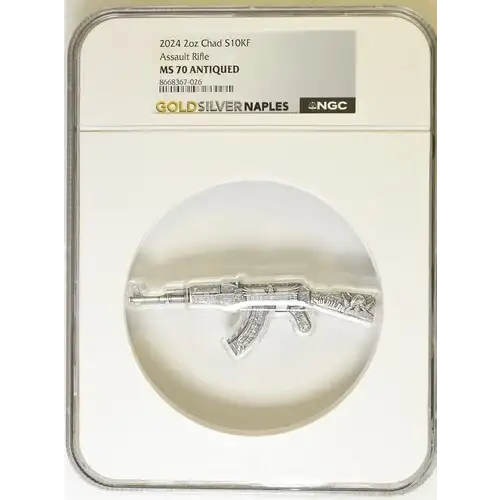 2024 2oz Chad Assault Rifle S10KF MS70 ANTIQUED (OB-11)