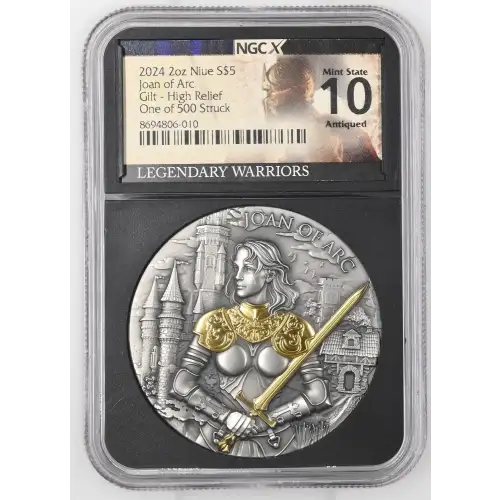2024 - 2oz Silver Joan of Arc - Niue S$5 - NGCX Gilt HR ANTIQUED MS10 (D11-B9)