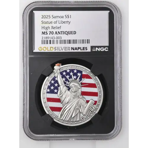 2025 1oz Samoa S$1 Statue of Liberty High Relief MS70 ANTIQUED (D-8)