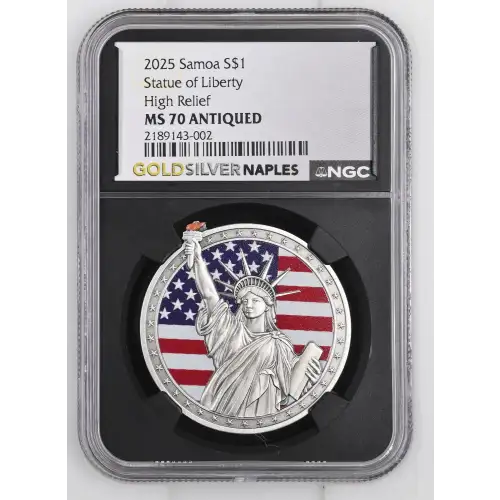 2025 1oz Samoa S$1 Statue of Liberty High Relief MS70 ANTIQUED (D-8)