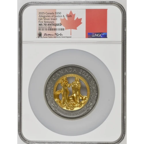 2025 - 5oz Allegories of Justice & Truth Gilt Silver -Canada $50- NGC MS70 (D-7)