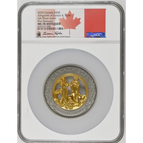 2025 - 5oz Allegories of Justice & Truth Gilt Silver -Canada $50- NGC MS70 (D-7)