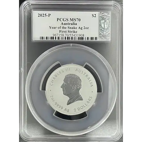 2025(P) PCGS MS70 S$2 Australia Year of the Snake 2oz Silver First Strike (D-8) (2)