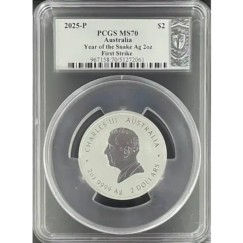 2025(P) PCGS MS70 S$2 Australia Year of the Snake 2oz Silver First Strike (D-8)