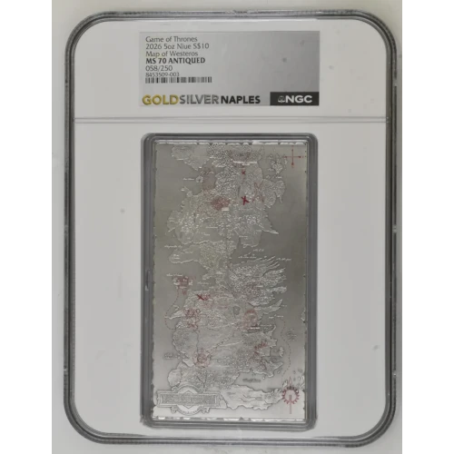 2026 GOT - 5oz Map of Westeros Silver Coin - Niue S$10 - NGC PF70 ANTIQUED (D-3)