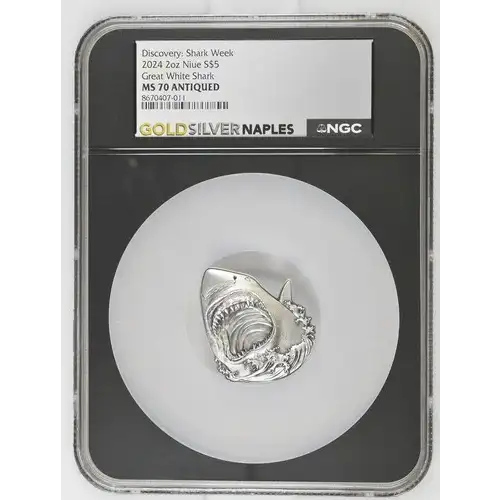 Discovery: Shark Week 2024 2oz Niue S$5 Great White Shark MS70 ANTIQUED (D-3)