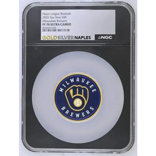 Major League Baseball 2025 3oz Niue S$5 Milwaukee Brewers PF70 (D-3)