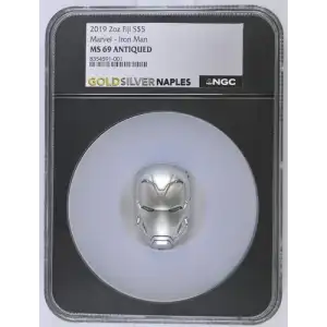 2019 2oz Fiji S$5 Marvel - Iron Man MS69 ANTIQUED (D-3)