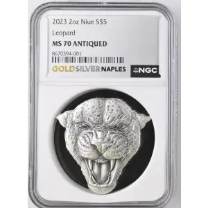 2023 2oz Niue - S$5 Leopard - MS70 ANTIQUED (S12B-B2)