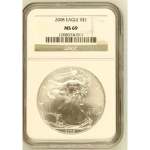 2008 - 1oz Silver Eagle S$1 NGC MS69 (S19A-B3)