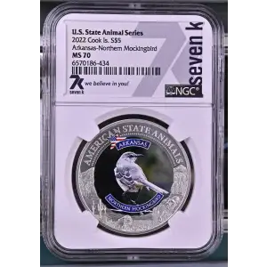 2022 - 1oz Arkansas Mockingbird Silver Coin - Cook Is. S$5 - NGC MS70 (S18A-B18)