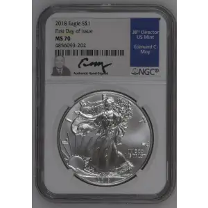 2018 - 1oz Silver Eagle - FDOI S$1 NGC MS70 (D10-B26)