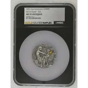 2023 - 2oz Girl & Cupid Silver Gilt - Cameroon S2000F - NGC MS70 ANTIQUED (D-7)